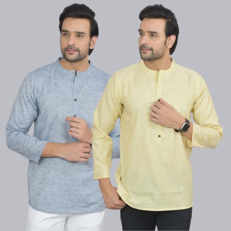 Combo of 2 Men Cotton Self Design Short Kurta Blue and Yellow