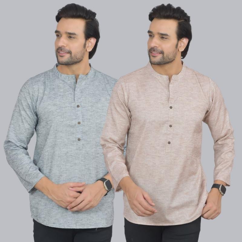 Combo of 2 Men Cotton Self Design Short Kurta Gray and Beige