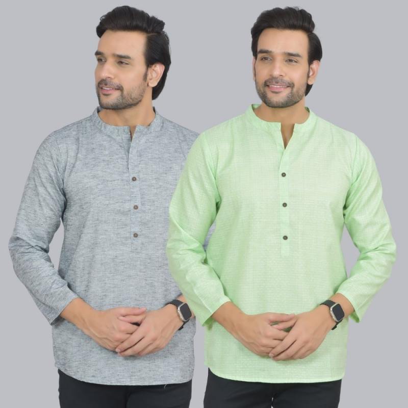 Combo of 2 Men Cotton Self Design Short Kurta Gray and Green