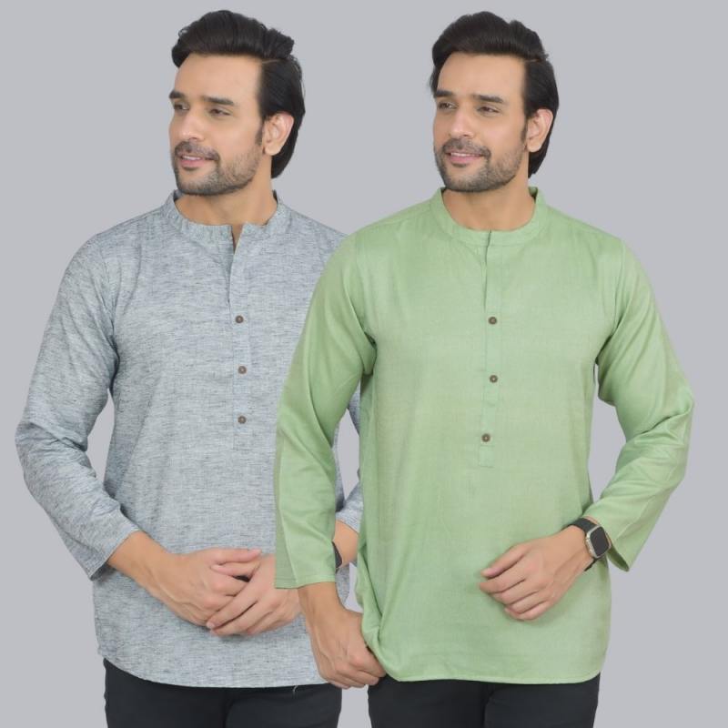 Combo of 2 Men Cotton Self Design Short Kurta Gray and Green