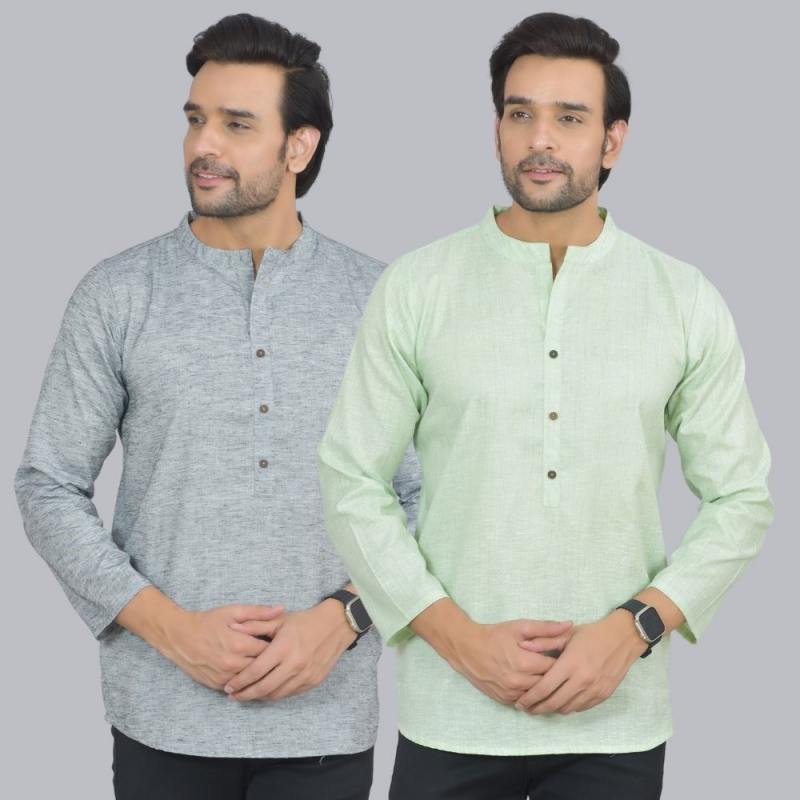Combo of 2 Men Cotton Self Design Short Kurta Gray and Green