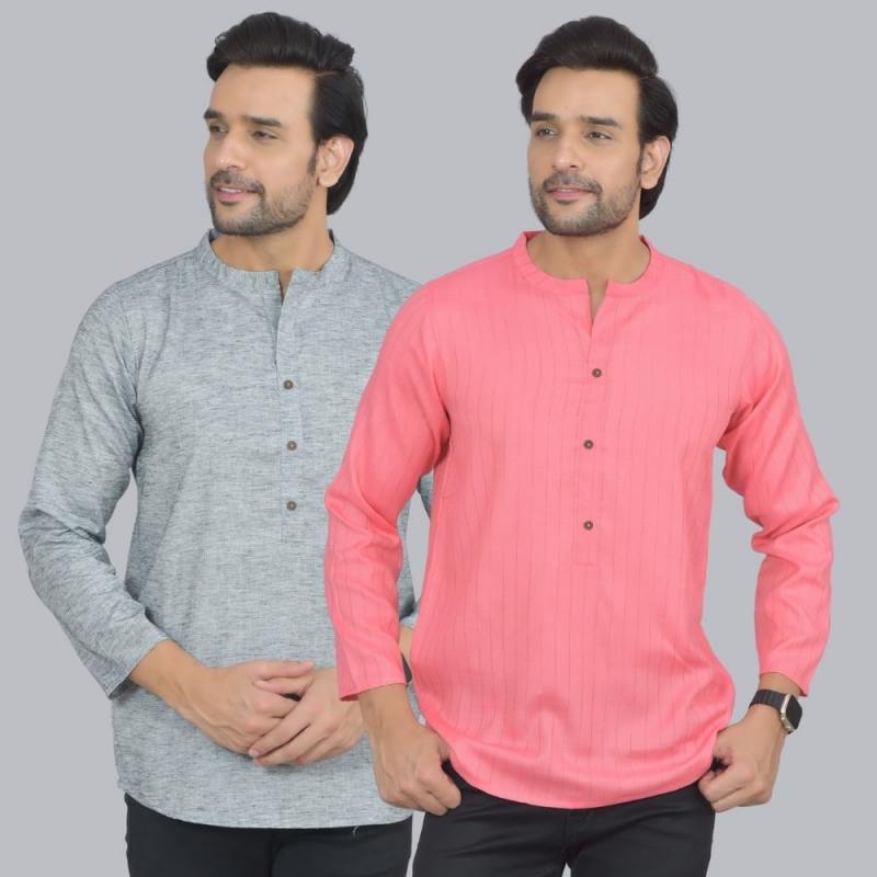 Combo of 2 Men Cotton Self Design Short Kurta Gray and Peach