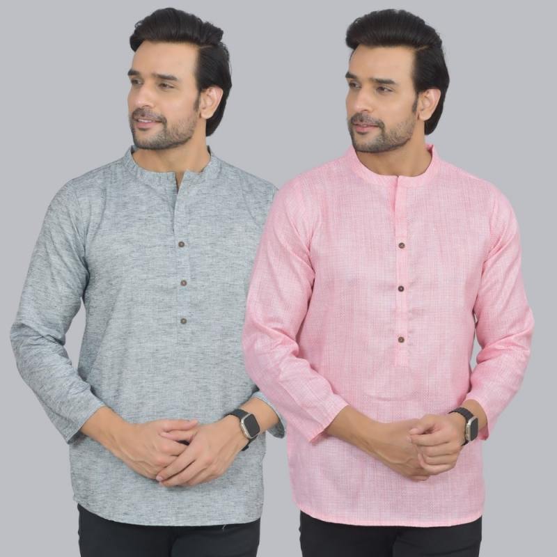 Combo of 2 Men Cotton Self Design Short Kurta Gray and Pink