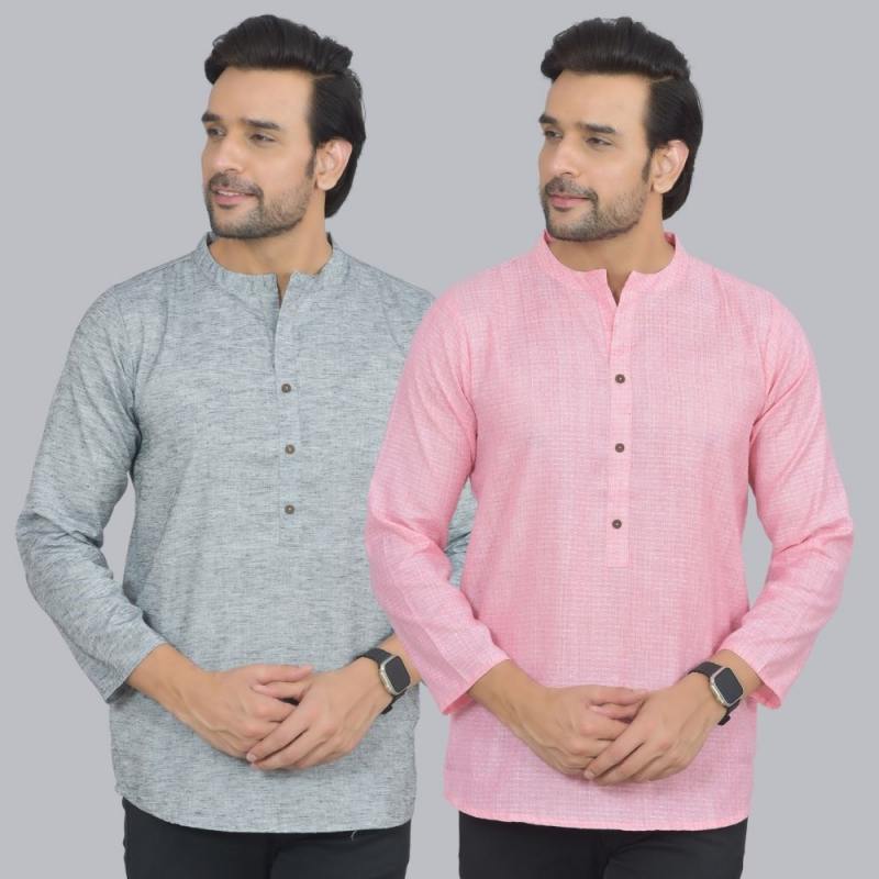 Combo of 2 Men Cotton Self Design Short Kurta Gray and Pink