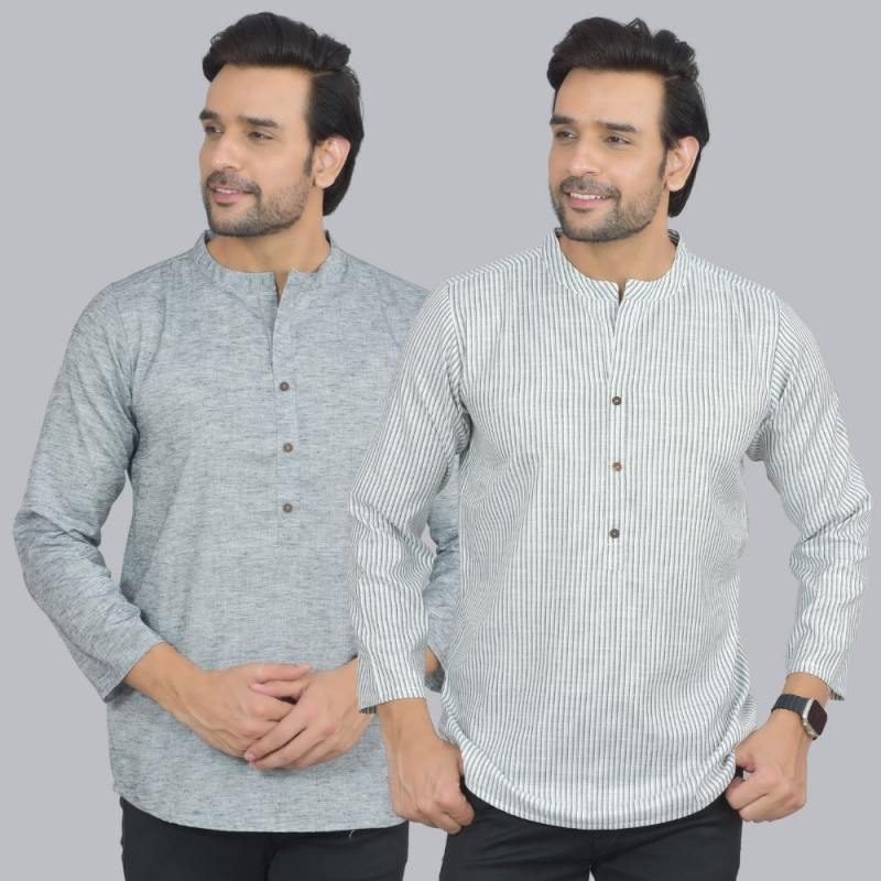 Combo of 2 Men Cotton Self Design Short Kurta Gray and White