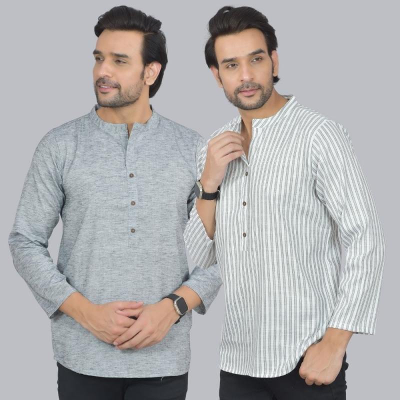 Combo of 2 Men Cotton Self Design Short Kurta Gray and White