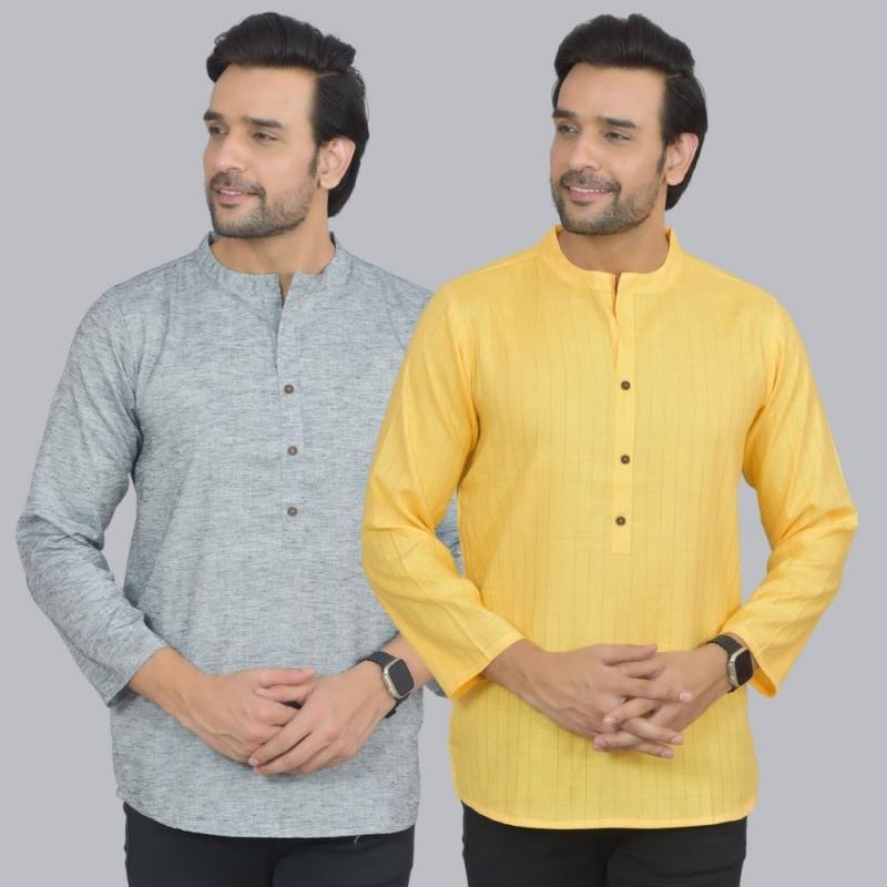 Combo of 2 Men Cotton Self Design Short Kurta Gray and Yellow