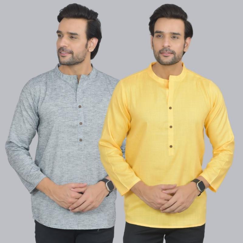 Ombo of 2 Men Cotton Self Design Short Kurta Gray and Yellow