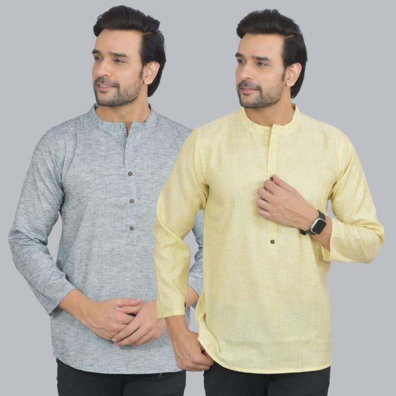 Combo of 2 Men Cotton Self Design Short Kurta Gray and Green