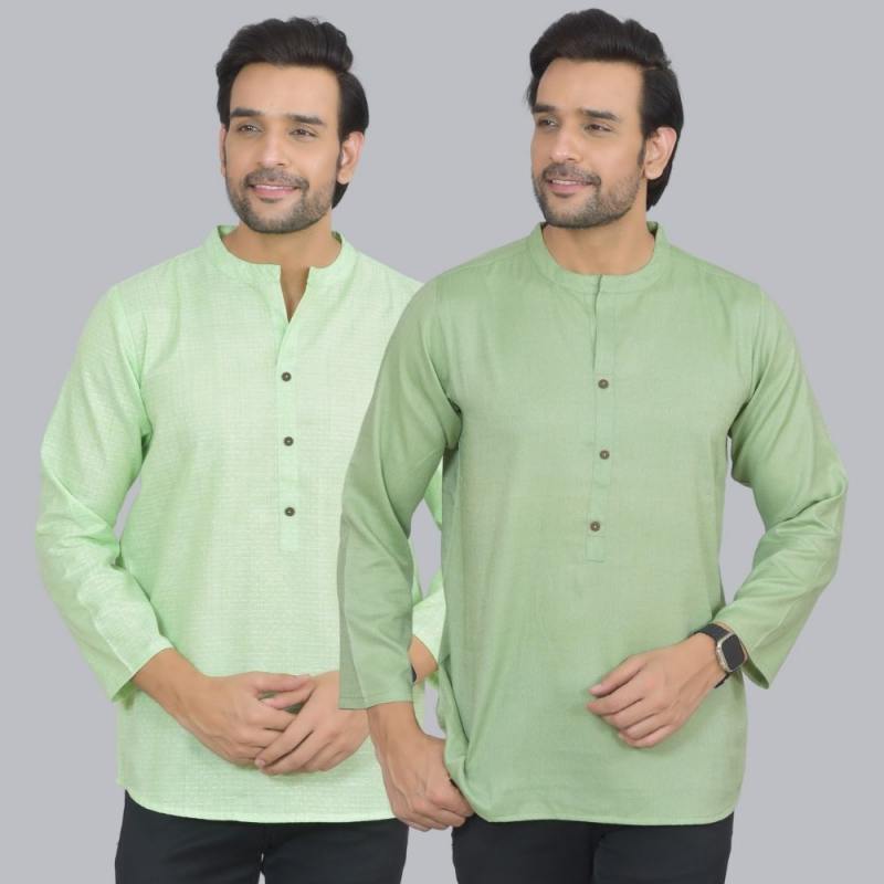 Combo of 2 Men Cotton Self Design Short Kurta Green and Green