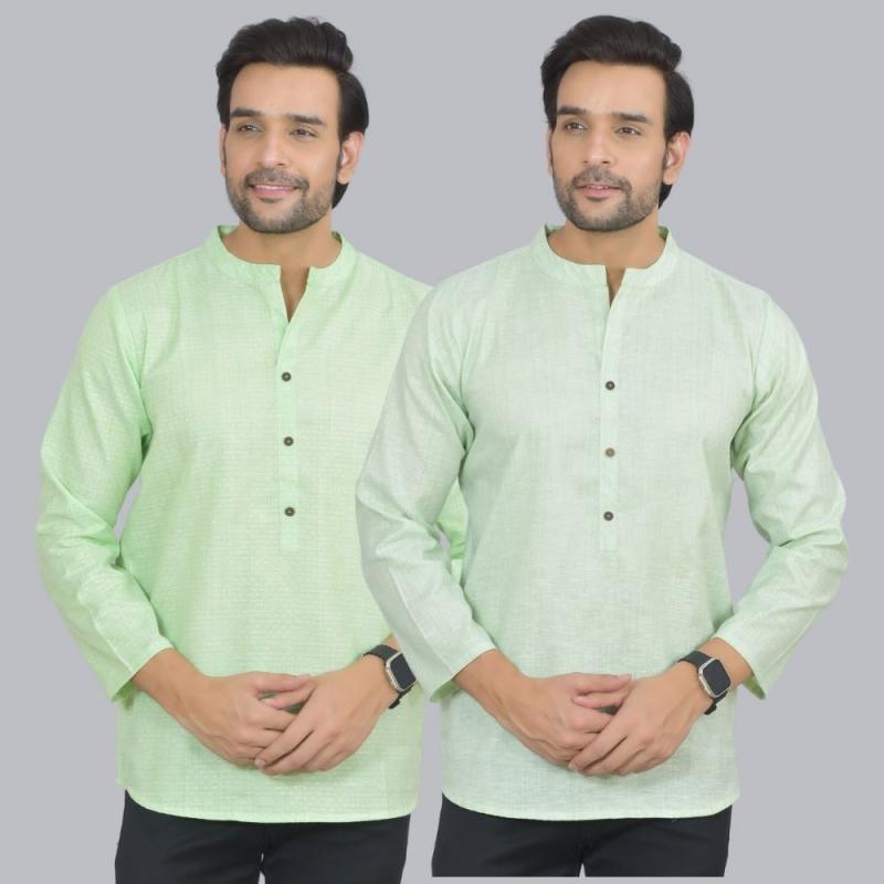 Combo of 2 Men Cotton Self Design Short Kurta Green and Green