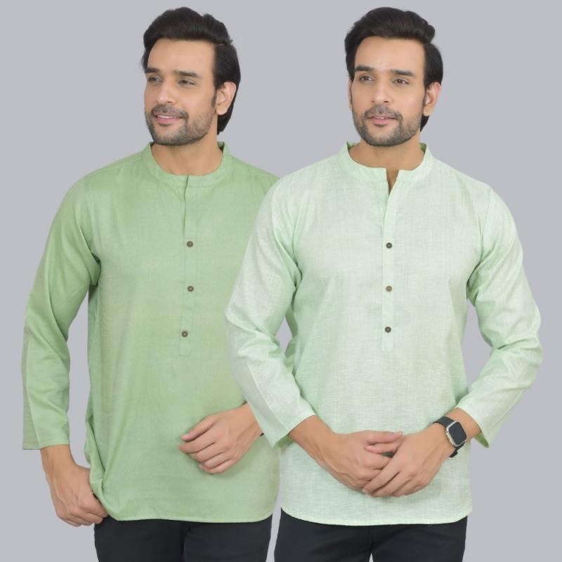Combo of 2 Men Cotton Self Design Short Kurta Green and Green
