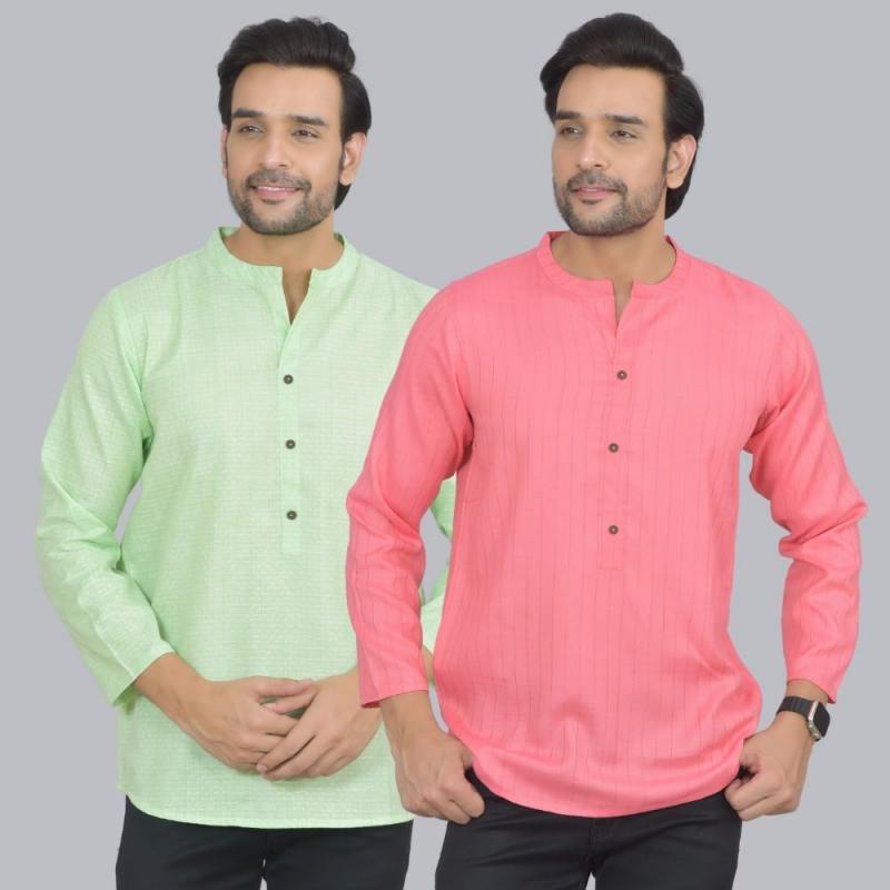 Combo of 2 Men Cotton Self Design Short Kurta Green and Peach