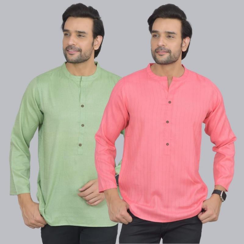 Combo of 2 Men Cotton Self Design Short Kurta Green and Peach