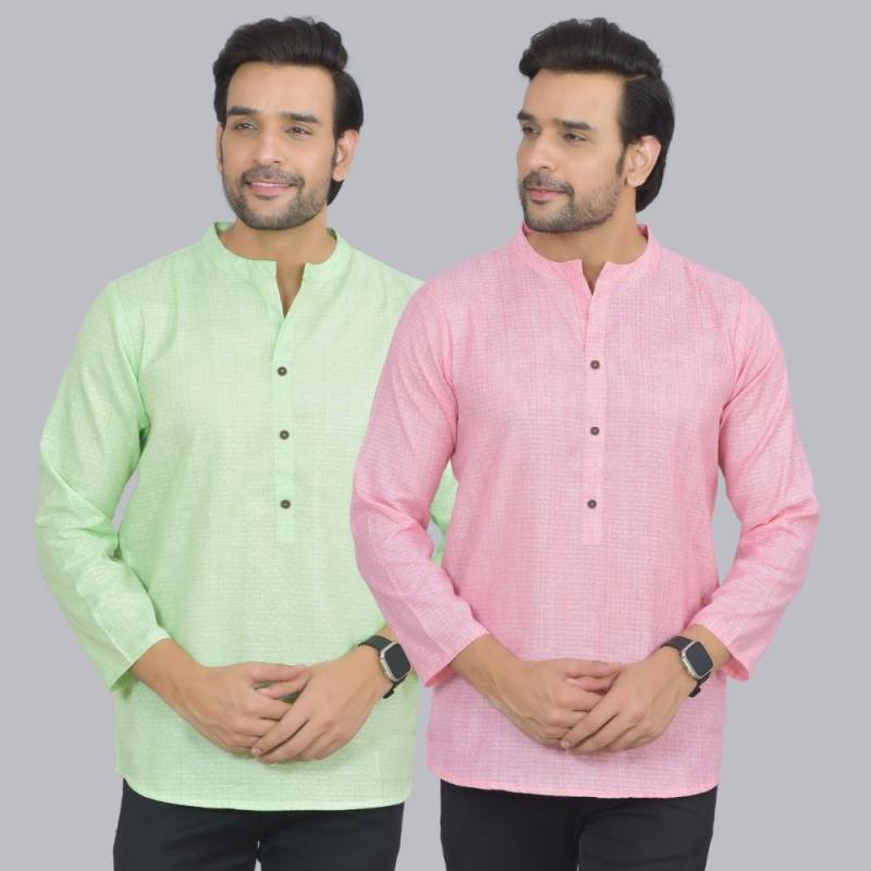 Combo of 2 Men Cotton Self Design Short Kurta Green and Pink