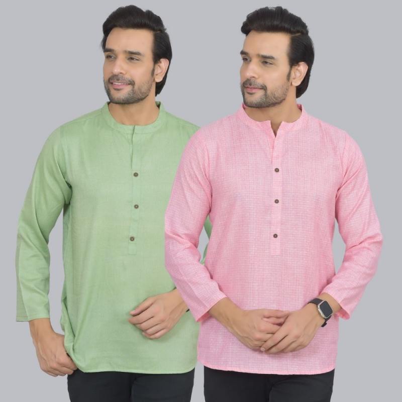 Combo of 2 Men Cotton Self Design Short Kurta Green and Pink
