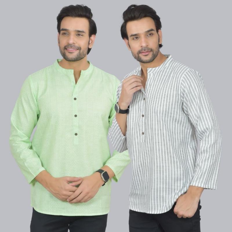 Combo of 2 Men Cotton Self Design Short Kurta Green and White