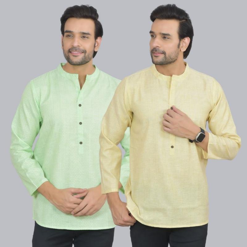 Combo of 2 Men Cotton Self Design Short Kurta Green and Yellow