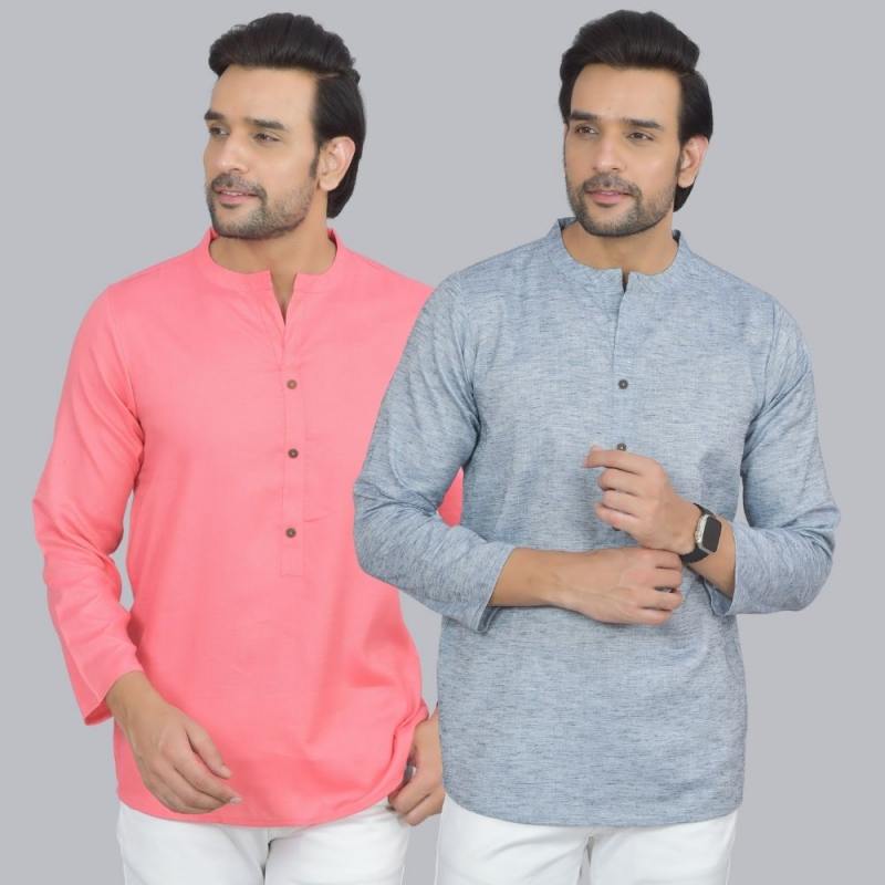 Combo of 2 Men Cotton Self Design Short Kurta Peach and Blue
