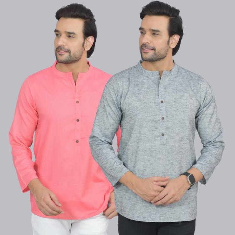 Combo of 2 Men Cotton Self Design Short Kurta Peach and Gray