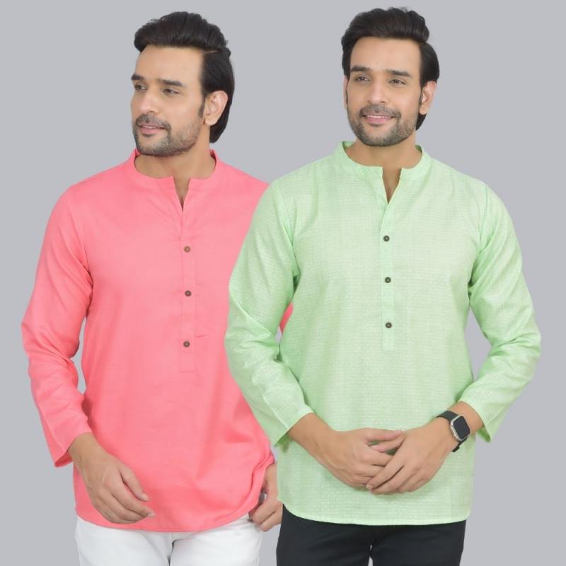 Combo of 2 Men Cotton Self Design Short Kurta Peach and Green