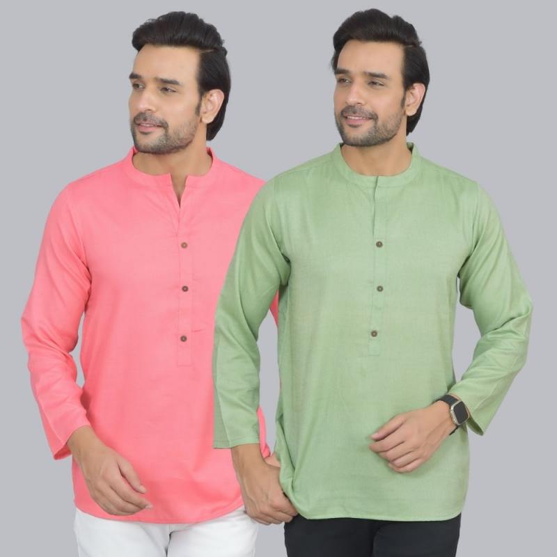 Combo of 2 Men Cotton Self Design Short Kurta Peach and Green