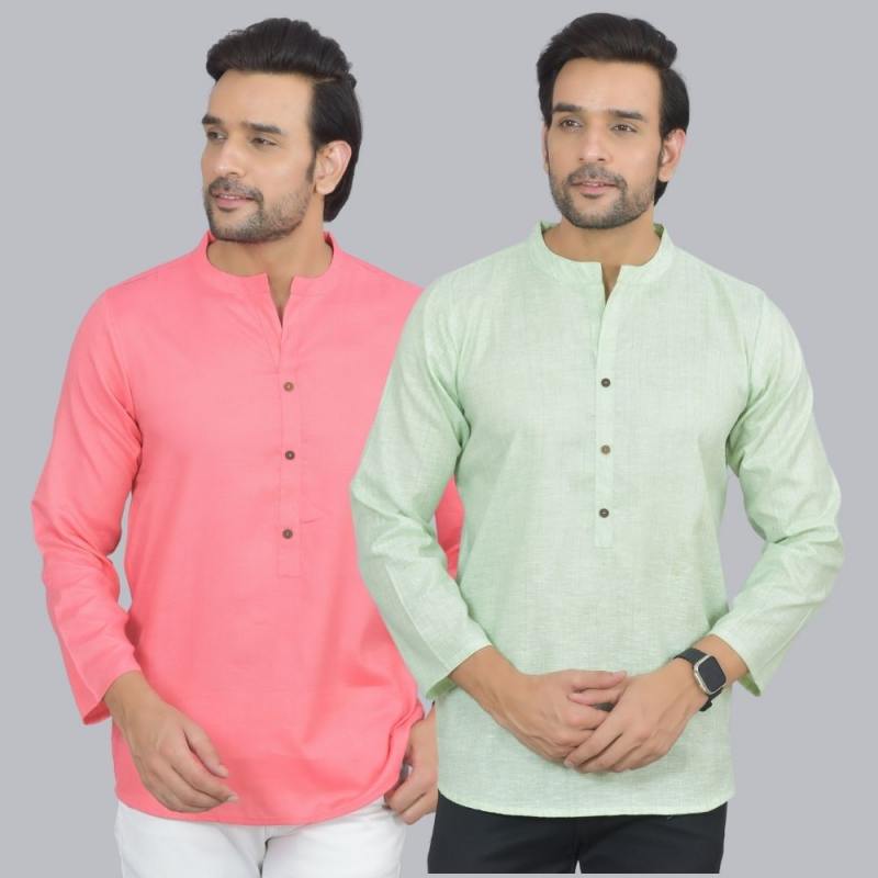 Combo of 2 Men Cotton Self Design Short Kurta Peach and Green