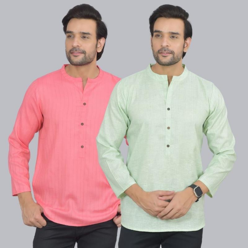 Combo of 2 Men Cotton Self Design Short Kurta Peach and Green
