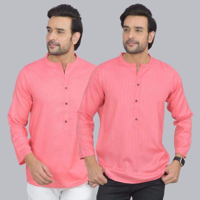 Combo of 2 Men Cotton Self Design Short Kurta Peach and Peach