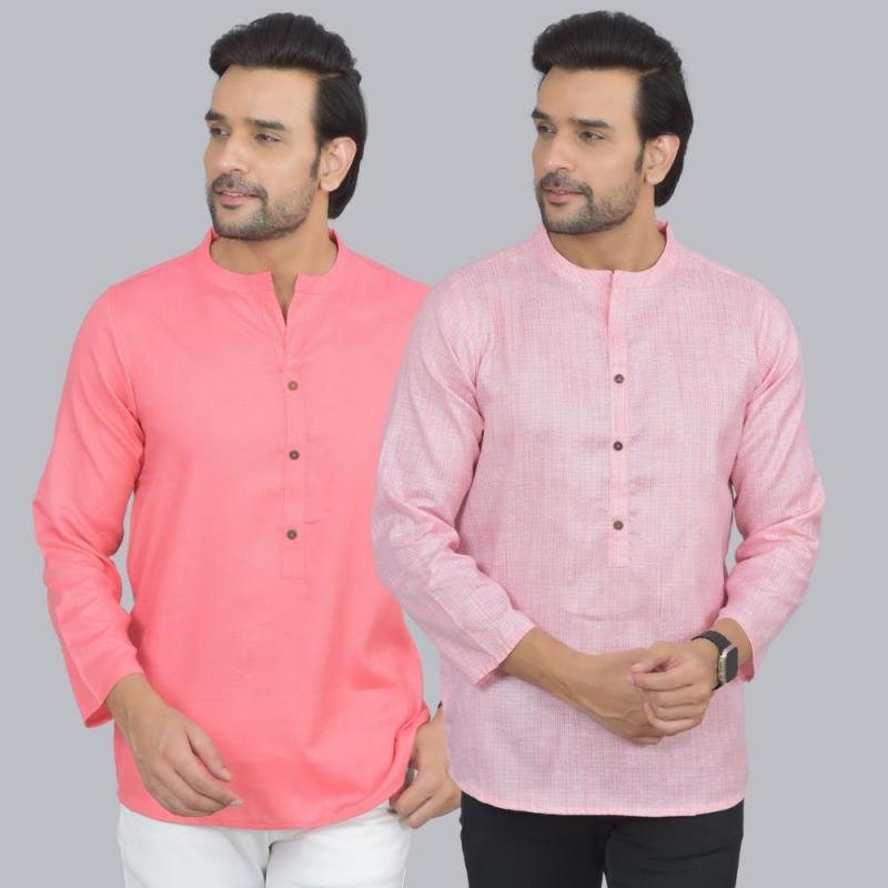 Combo of 2 Men Cotton Self Design Short Kurta Peach and Pink