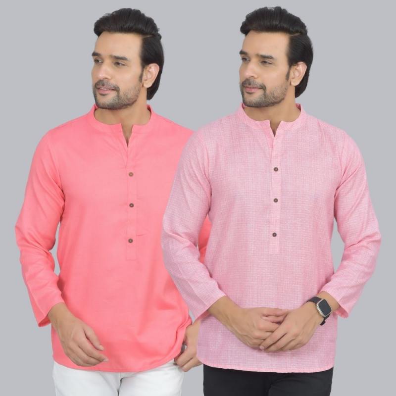 Combo of 2 Men Cotton Self Design Short Kurta Peach and Pink