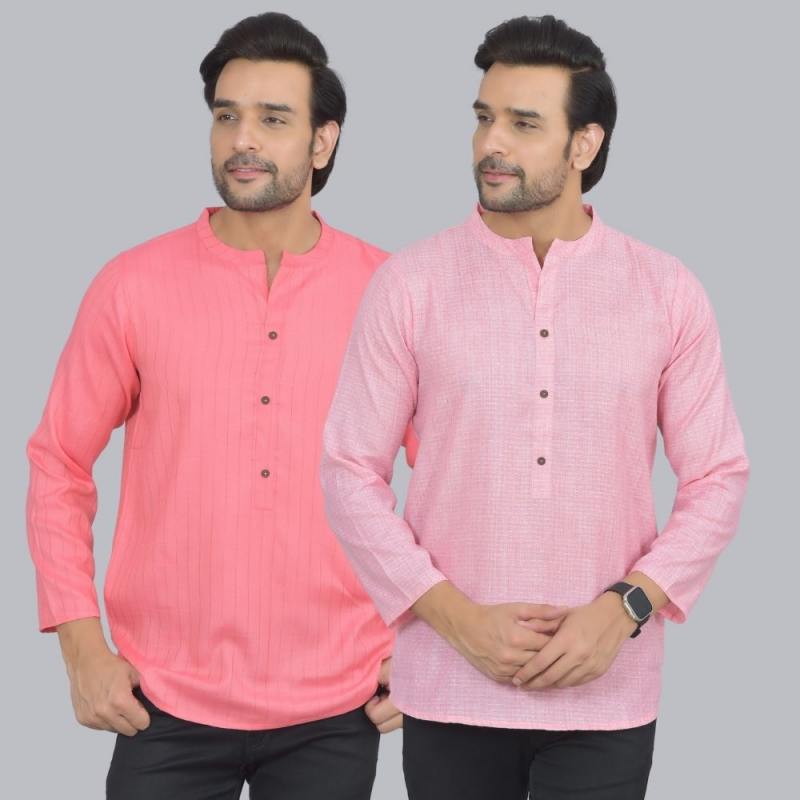 Combo of 2 Men Cotton Self Design Short Kurta Peach and Pink