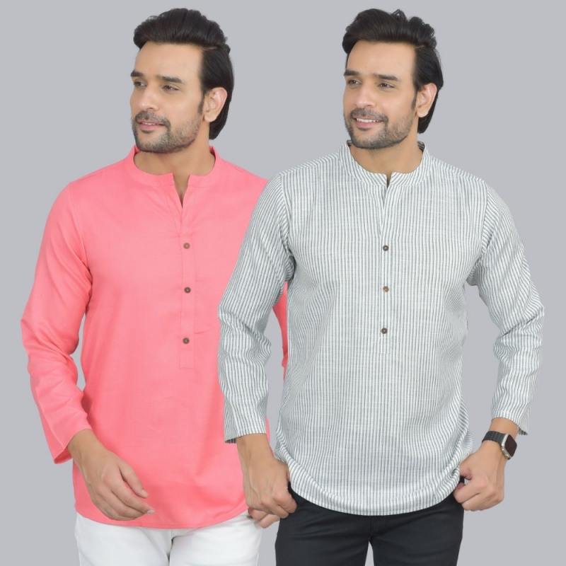 Combo of 2 Men Cotton Self Design Short Kurta Peach and White