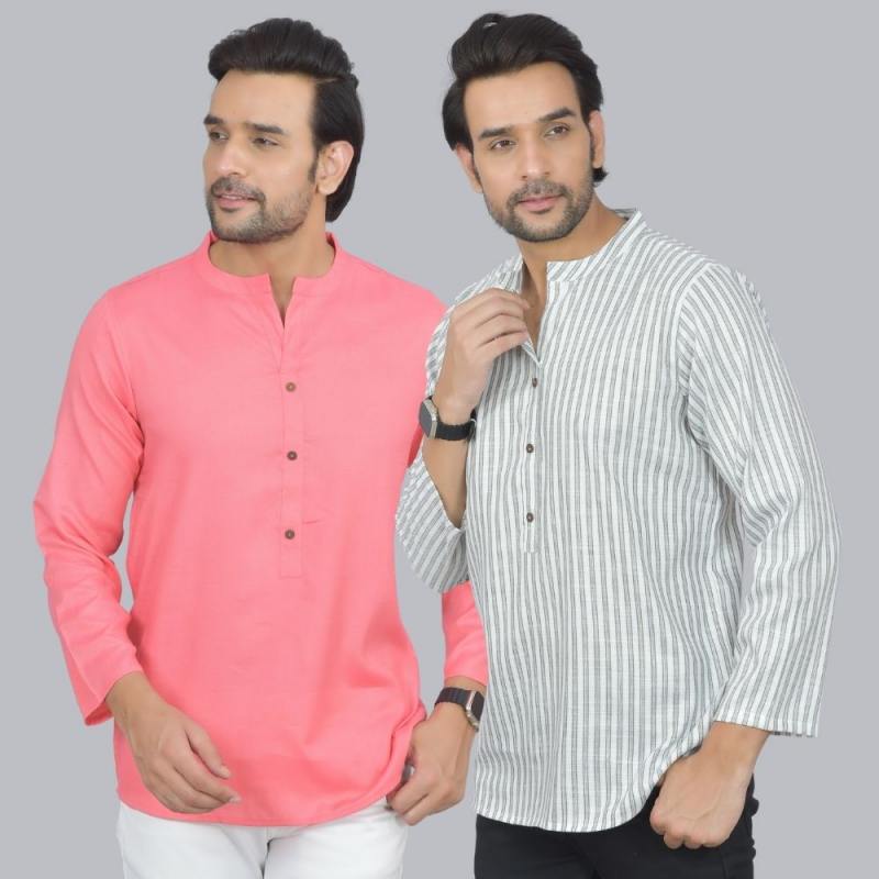 Combo of 2 Men Cotton Self Design Short Kurta Peach and White