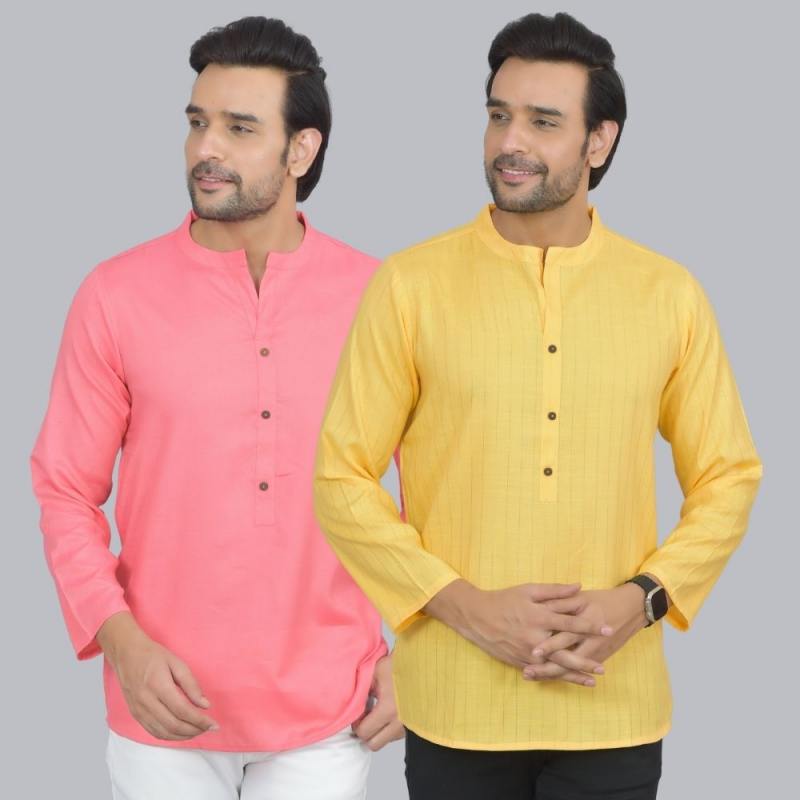 Combo of 2 Men Cotton Self Design Short Kurta Peach and Yellow