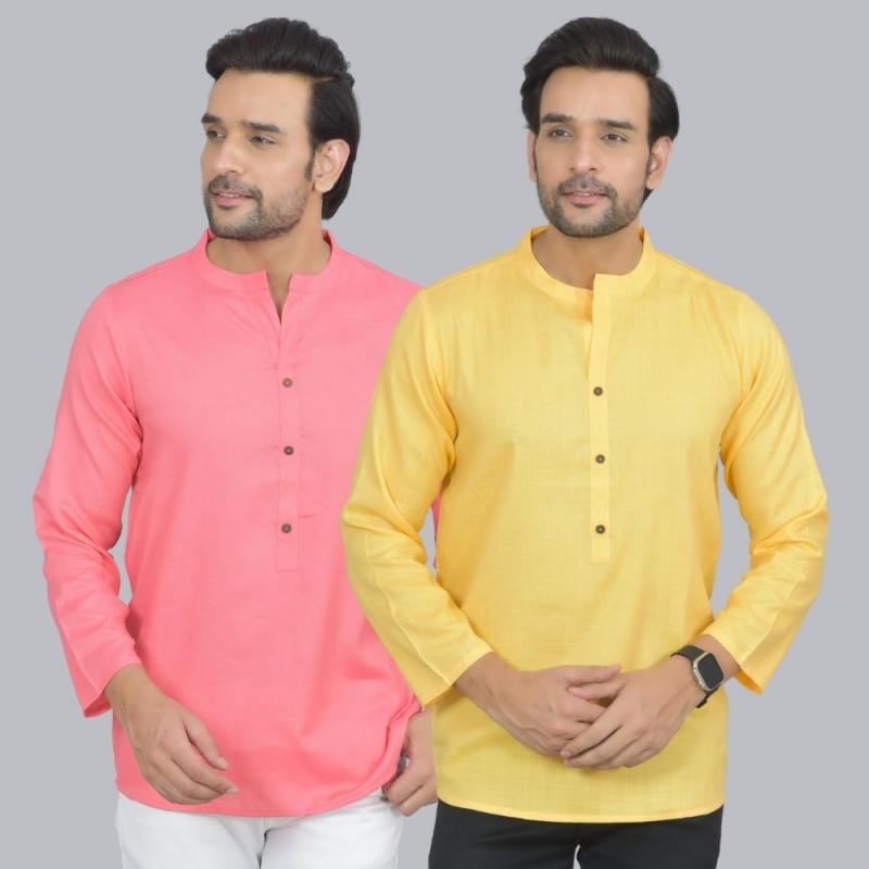 Combo of 2 Men Cotton Self Design Short Kurta Peach and Yellow