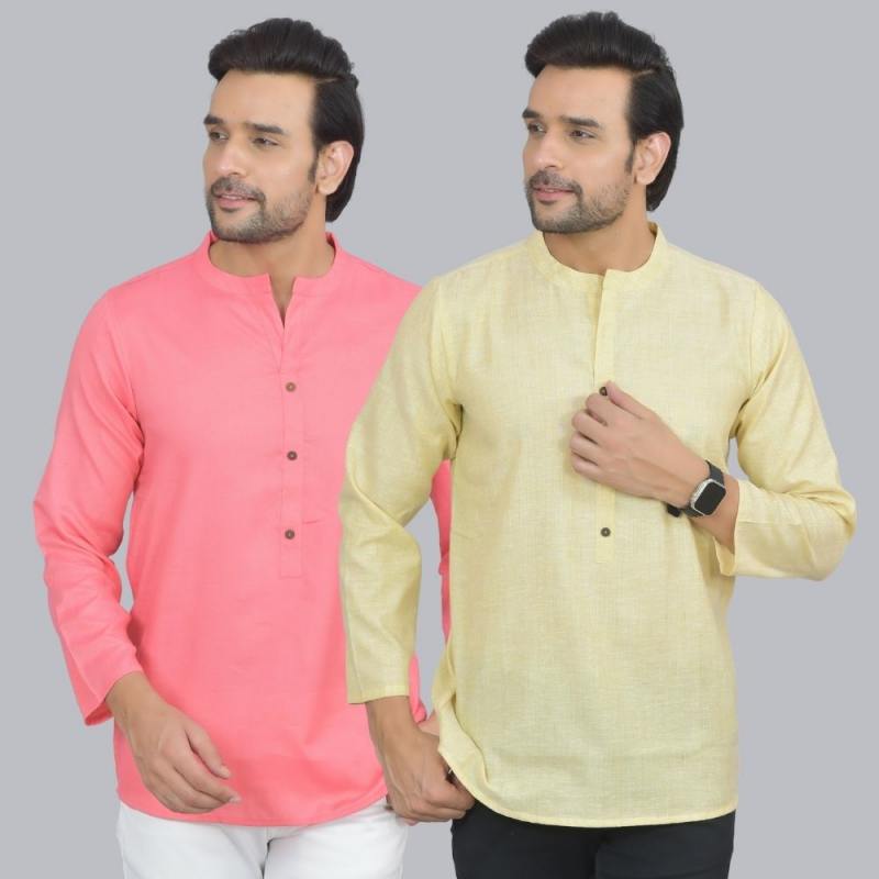 Combo of 2 Men Cotton Self Design Short Kurta Peach and Yellow