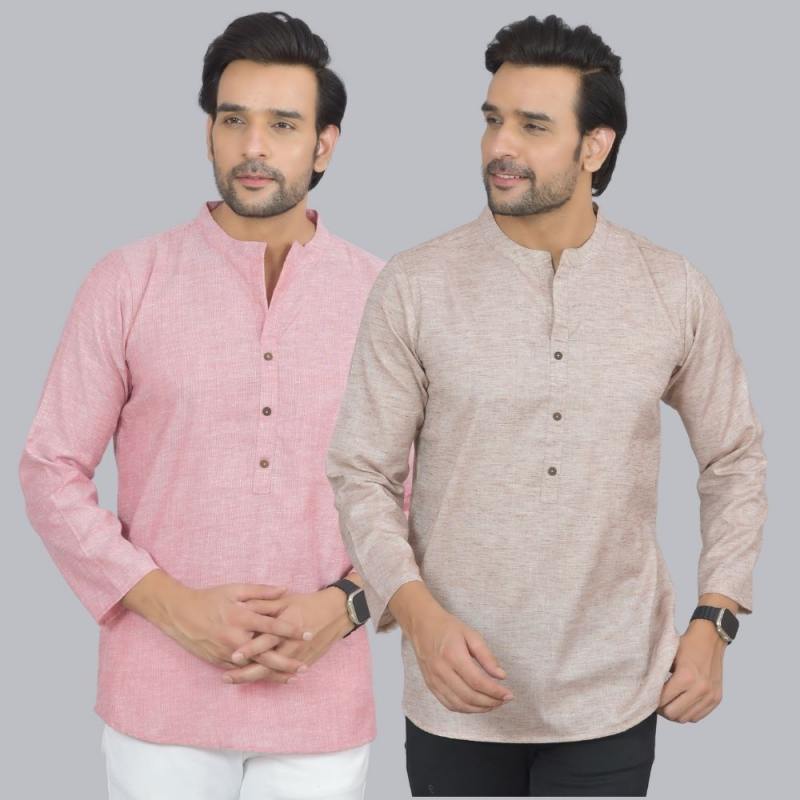 Combo of 2 Men Cotton Self Design Short Kurta Pink and Beige