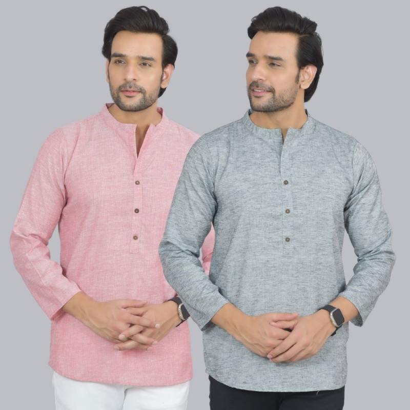 Combo of 2 Men Cotton Self Design Short Kurta Pink and Gray
