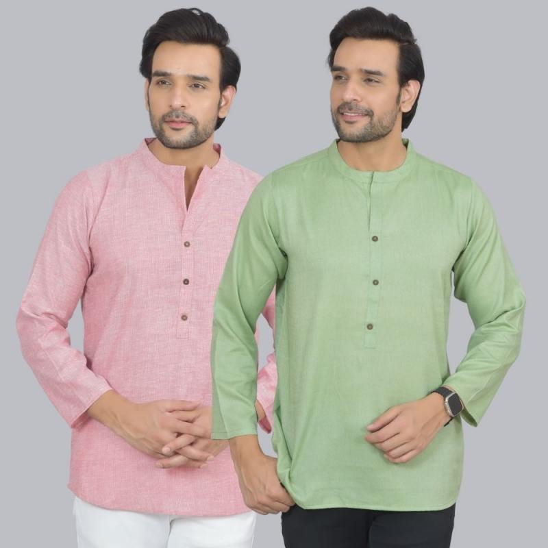 Combo of 2 Men Cotton Self Design Short Kurta Pink and Green
