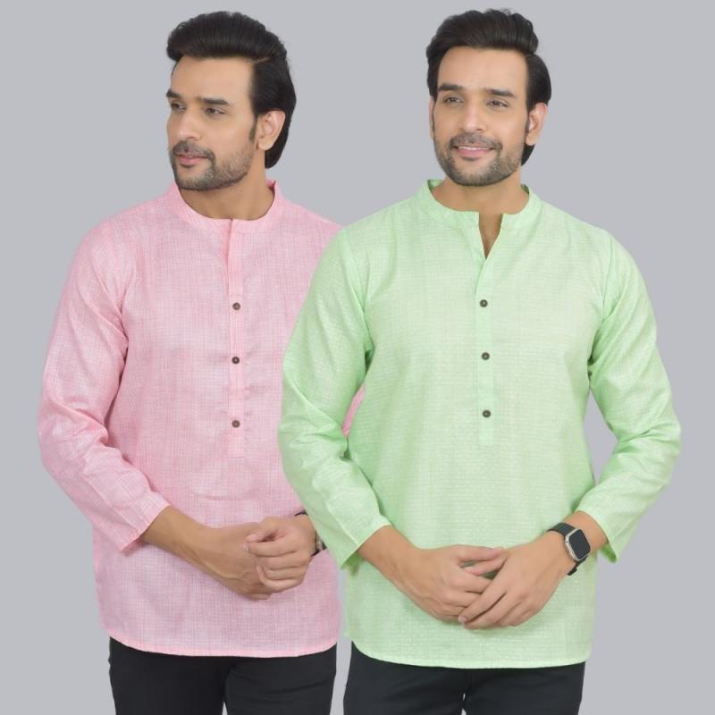 Combo of 2 Men Cotton Self Design Short Kurta Pink and Green