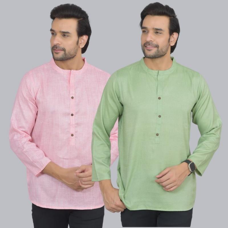 Combo of 2 Men Cotton Self Design Short Kurta Pink and Green