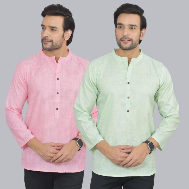 Combo of 2 Men Cotton Self Design Short Kurta Pink and Green