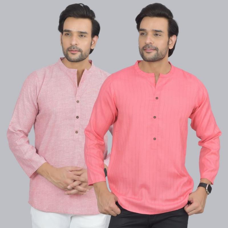Combo of 2 Men Cotton Self Design Short Kurta Pink and Peach