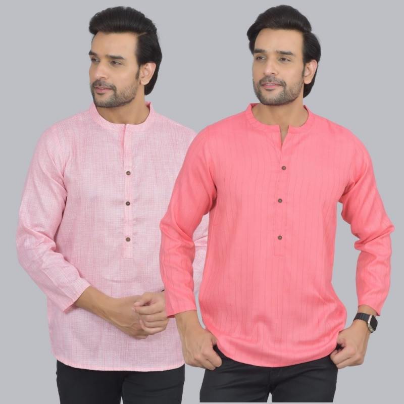 Combo of 2 Men Cotton Self Design Short Kurta Pink and Peach
