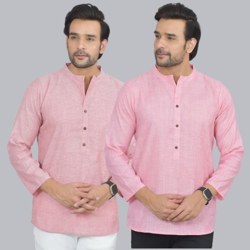 Combo of 2 Men Cotton Self Design Short Kurta Pink and Pink