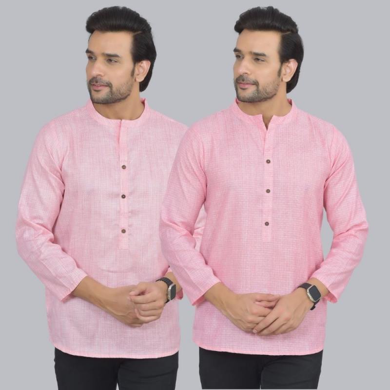 Combo of 2 Men Cotton Self Design Short Kurta Pink and Pink