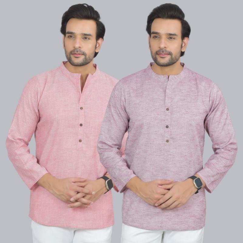 Combo of 2 Men Cotton Self Design Short Kurta Pink and Purple