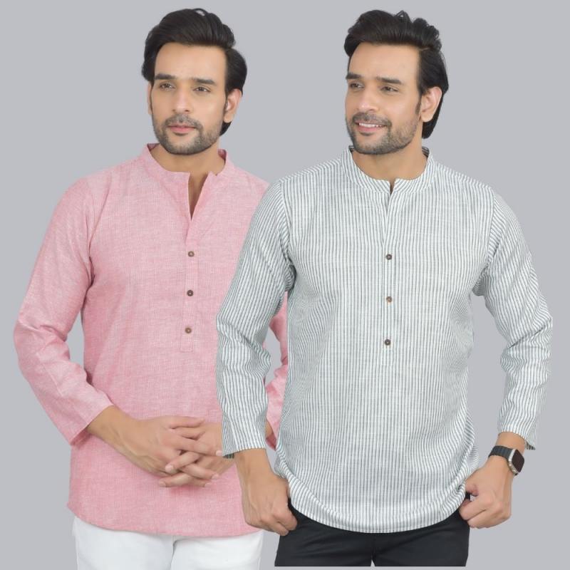 Combo of 2 Men Cotton Self Design Short Kurta Pink and White