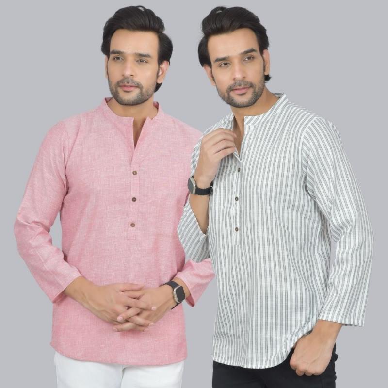 Combo of 2 Men Cotton Self Design Short Kurta Pink and White